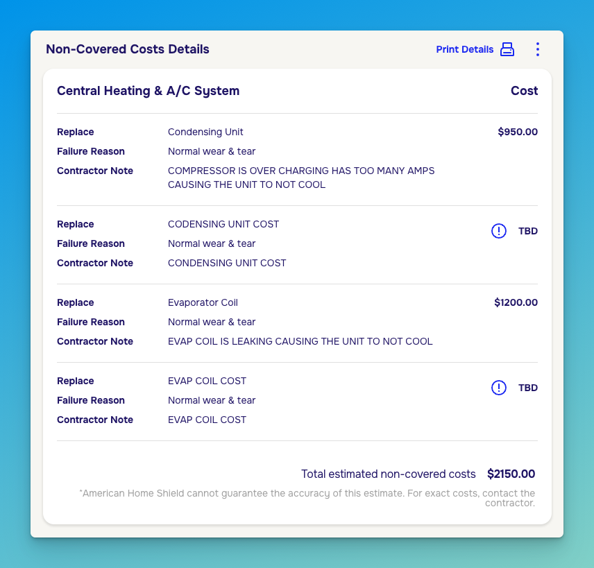 Detailed breakdown of non-covered costs totaling $2,150 - all denied for normal wear and tear